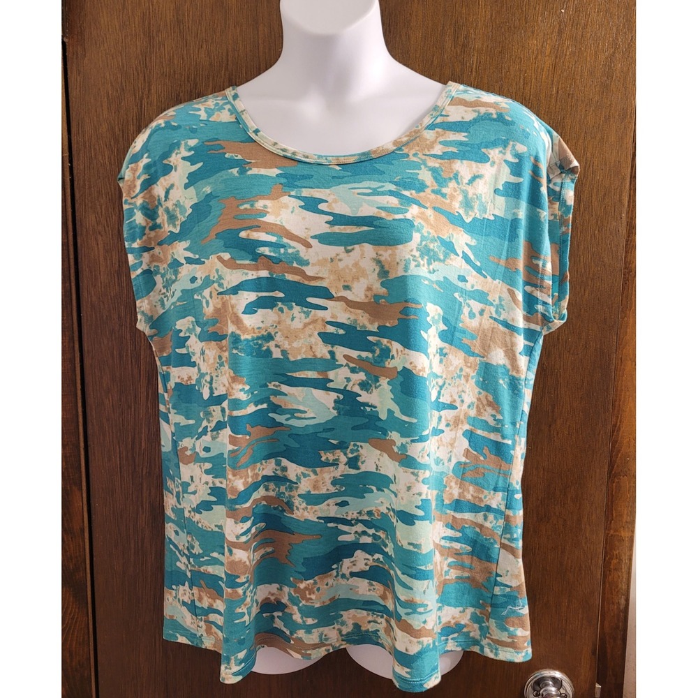 Bobbie Brooks Size 2X Teal Camo Split Back Short Sleeve Top Blouse Camouflage